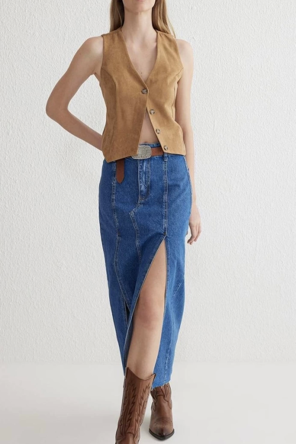 Çift yırtmaçlı jean etek s140 - Görsel 2