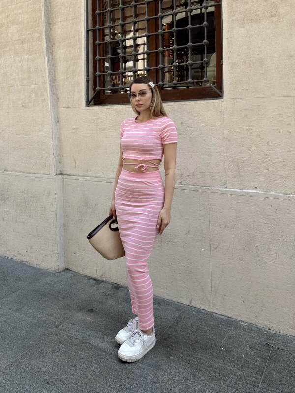 Çizgili etekli takım pembe s3609 - Görsel 6