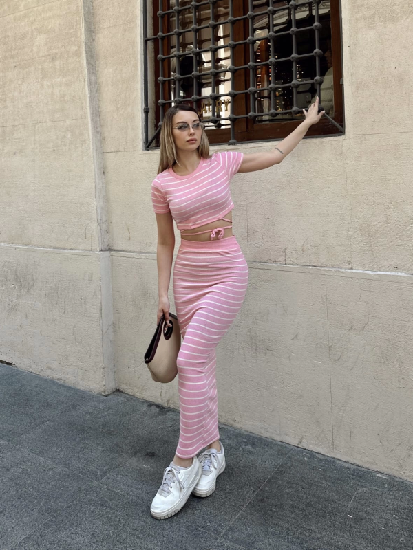 Çizgili etekli takım pembe s3609 - Görsel 7