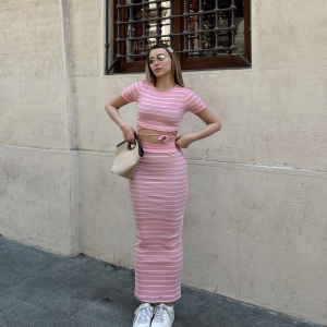 Çizgili etekli takım pembe s3609