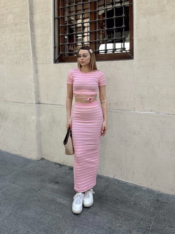 Çizgili etekli takım pembe s3609 - Görsel 5