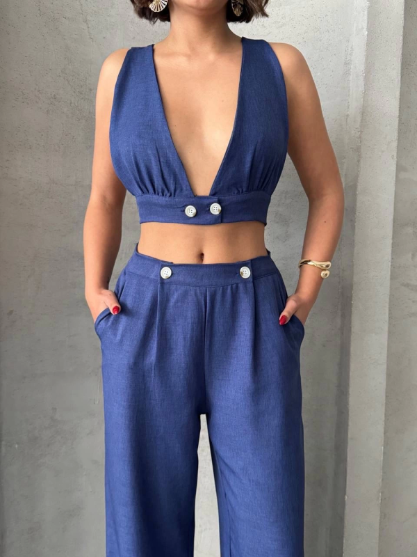 Crop pantolon keten takım s255012 - Görsel 3
