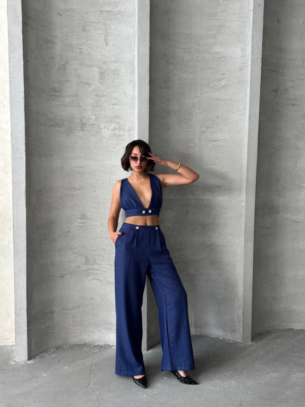 Crop pantolon keten takım s255012 - Görsel 4