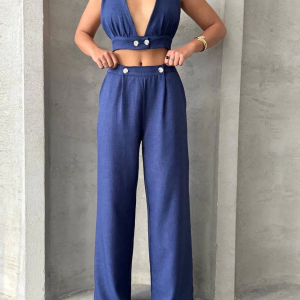 Crop pantolon keten takım s255012