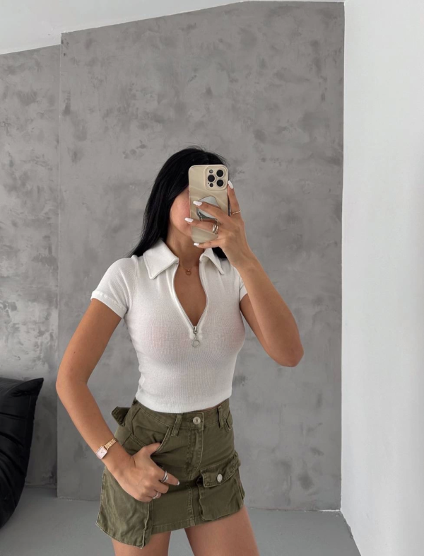 kaşkorse yaka fermuarlı bluz beyaz - Görsel 6