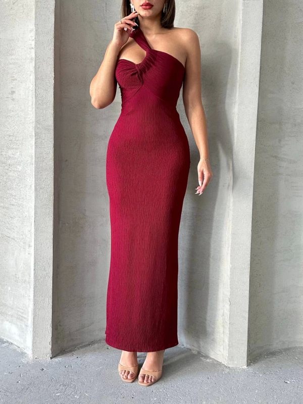 Krinkıl tek omuz uzun elbise bordo s25455 - Görsel 4