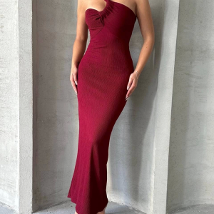 Krinkıl tek omuz uzun elbise bordo s25455