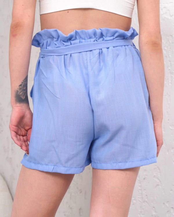 Kuşaklı keten şort mavi s255265 - Görsel 3