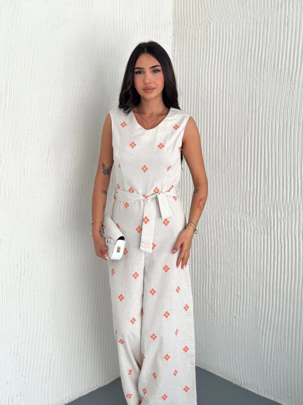 Sırt dekolteli keten beyaz tulum S1036 - Görsel 8