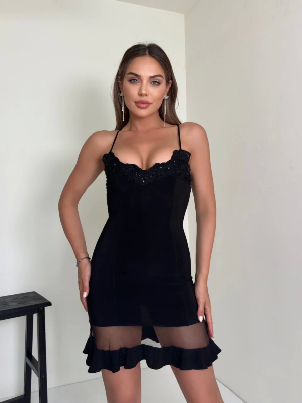 Tül detaylı mini elbise - Görsel 3