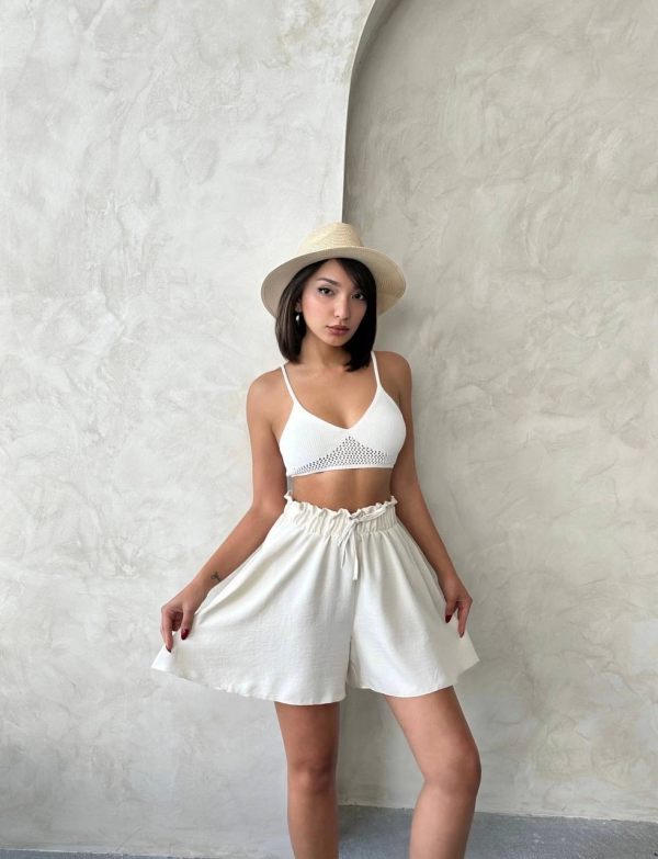 Volanlı keten şort bej s255058 - Görsel 6